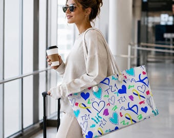 Oversized Weekender Tote Bag: Colorful Hearts, Ribbons, T21 Pattern, Beach Travel Bag