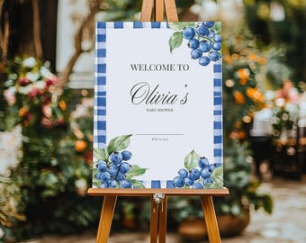 Blueberry Baby Shower Welcome Sign | Gingham Canva Template (Digital Download)