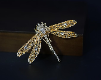Vintage Inspired Dragonfly Brooch, Gold Tone Rhinestone Insect Pin