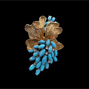 Vintage Deco Gold Flower Brooch with Turquoise Blue Rhinestones | Retro Statement Floral Pin | 1960s Style Costume Jewellery Gift for Her