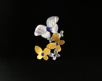 Mother of Pearl Butterfly Brooch, Brass Nature Pin, Lapis Accent