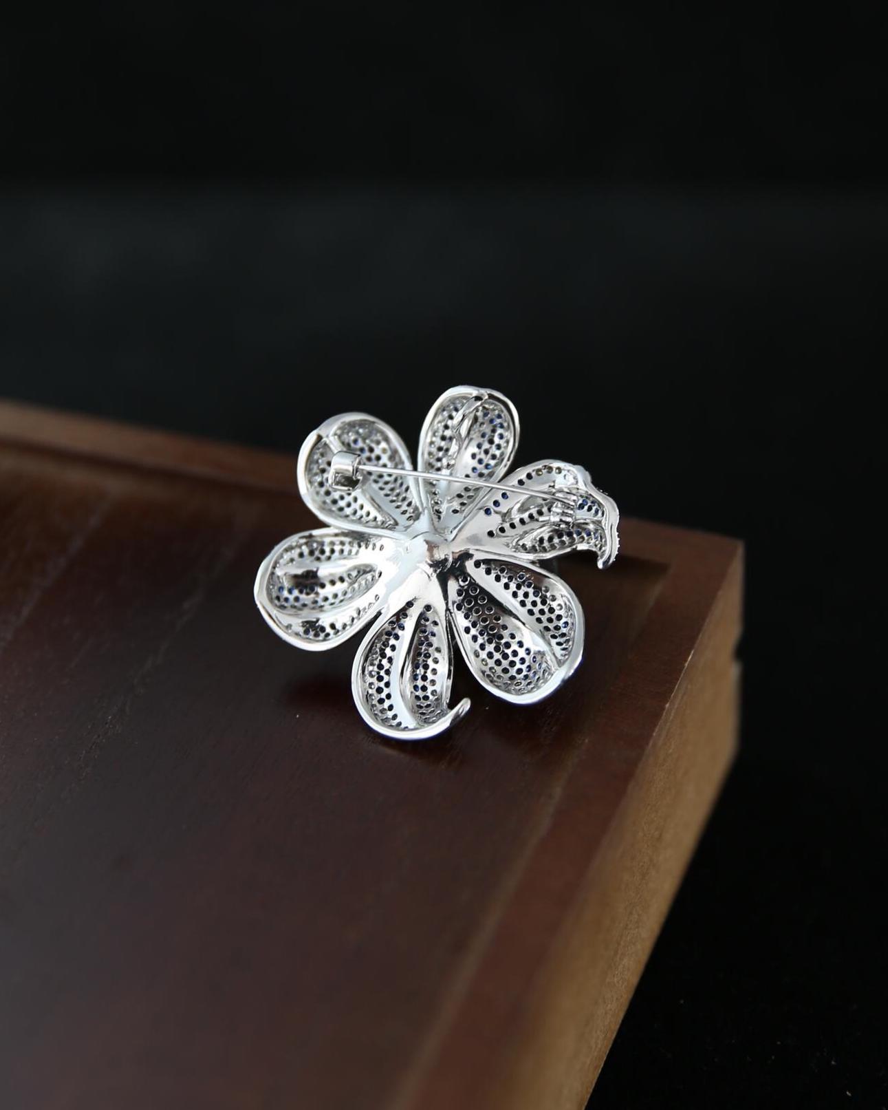 Blue Lily Flower Brooch, Zircon Crystal Floral Pin, Wedding Coat