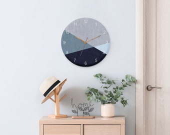 Large Wall Clock Modern, Scandinavian wood wall art, Geometric Wall Clock, Modern wall clock Silent, Blue minimalist wall clock, Round Clock