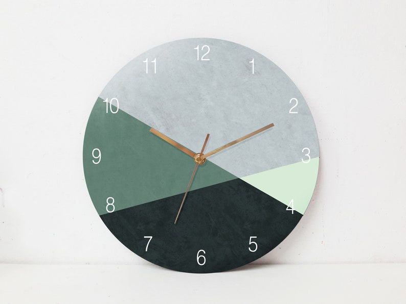 Large Wall Clock Modern, Bedroom Green Wall Clock, Kitchen Wall Clock Round, Geometric wall clock, Unique and Modern Wall Clock Gift With numbers