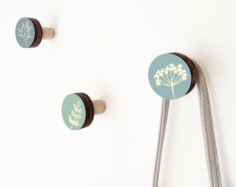 Handmade Wooden Wall Hooks - Botanical Print, Boho Style Wall Pegs for Bags, Clothes, and Accessories, Modern Wall Hangers, Wood Wall Hooks