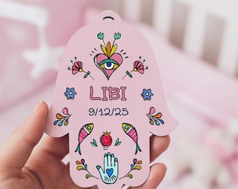 Personalized Pink Baby Hamsa, New Baby Blessing Gift, Jewish Nursery Wall Decor, Handmade Judaica Nursery Art, Custom Baby Hamsa with Name