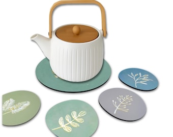 Pebble shape Wooden Coasters, Nature Inspired Drink Coaster Set of 6, Table gift Idea for home, Nature Inspired Home Decor, Botanical Art