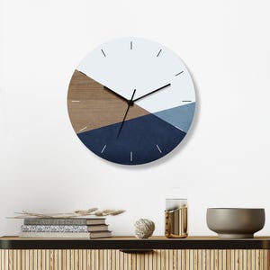 Geometric Wall Clock, Large Wall Clock Modern, Decorative Bedroom Wall Clock, Blue wood wall clock,  designer clock, Silent wood wall clock
