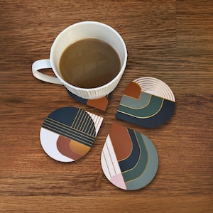 Modern Abstract Geometric Coasters Set – Colorful Drink Coasters for Coffee Table, Art Nouveau Inspired Cup Mats – Housewarming Gift Idea