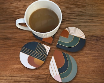 Modern Abstract Geometric Coasters Set – Colorful Drink Coasters for Coffee Table, Art Nouveau Inspired Cup Mats – Housewarming Gift Idea