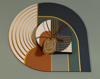 Art Deco Coaster Set with Trivet–4 Geometric Drink Coasters+Large Teapot Mat, Modern Coffee Table Decor, Warm Color Palette Gift Idea