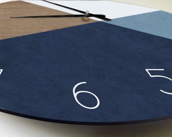 Geometric Wall Clock, Large Wall Clock Modern, Decorative Bedroom Wall Clock, Blue wood wall clock,  designer clock, Silent wood wall clock