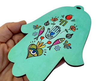 Hand Painted Hamsa Wall Hanging – Colorful Judaica Home Decor, Jewish Good Luck Gift, Hebrew Wall Art, Spiritual Housewarming Gift