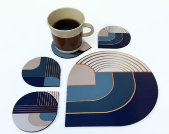 Geometric Table Coaster Set of 4 Modern Drink Coasters+1 Trivet, Minimalist Home Gift, Stylish Kitchen Accessories, Tea or coffee Lover Set