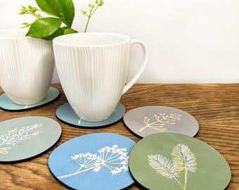 Pebble shape Wooden Coasters, Nature Inspired Drink Coaster Set of 6, Table gift Idea for home, Nature Inspired Home Decor, Botanical Art