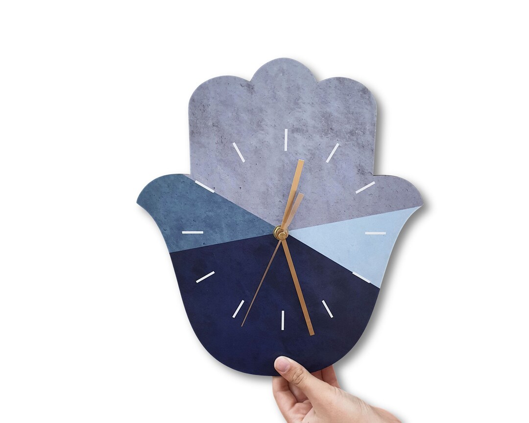 Geometric Wall Clock, Ecofriendly Hamsa Shaped Wall Clock, Blue and