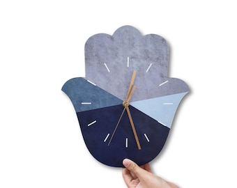 Geometric Wall Clock, Eco-Friendly Hamsa Shaped  Wall Clock,  Blue and Grey Wall Clock, Contemporary wooden Wall clock, Blue Judaica gift
