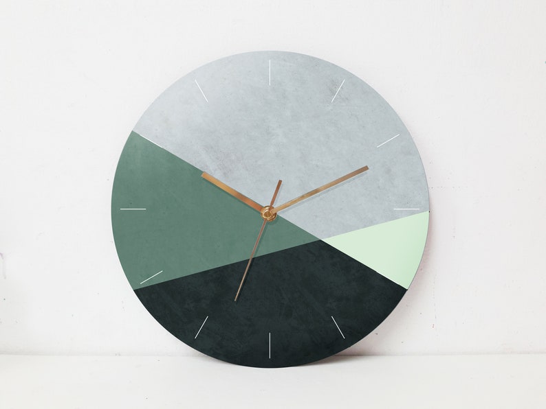 Large Wall Clock Modern, Bedroom Green Wall Clock, Kitchen Wall Clock Round, Geometric wall clock, Unique and Modern Wall Clock Gift Without numbers