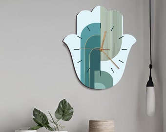 Hamsa Shaped  Wall Clock, Geometric Wall Clock, Hamsa Good luck Gift, Contemporary Wooden Wall Clock, Blue Judaica gift, Office Wall Clock