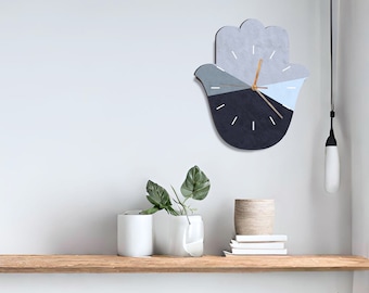 Eco-Friendly Hamsa Shaped  Wall Clock, Geometric Wall Clock, Contemporary wooden Wall clock, Unique Judaica gift, jewish wall art