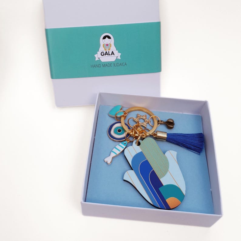 Modern Hamsa Keychain With Colorful Evil Eye & Star of David Charms ...