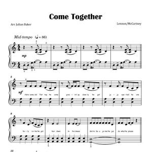 Puede incluir: Partitura de "Come Together" de Lennon/McCartney, arreglada por Julian Baker. Las notas musicales negras están sobre un fondo blanco. El título está en la parte superior, con notaciones de tempo y dinámica. Copyright 1996 Northern Songs/SONY/Universal.