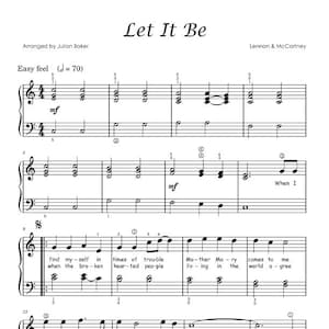 Può includere: Spartito musicale di "Let It Be" di Lennon & McCartney, arrangiato da Julian Baker. La pagina in bianco e nero presenta notazione musicale, testo e indicazioni di tempo. Il titolo è in alto, con informazioni sul copyright in basso.