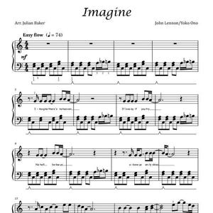 Puede incluir: Partitura de "Imagine" de John Lennon y Yoko Ono, arreglada por Julian Baker. El título está en la parte superior, con notación musical sobre un fondo blanco. Incluye letras y símbolos musicales.