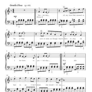Könnte beinhalten: Notenblatt für das Lied "Yesterday" von Lennon/McCartney, arrangiert von Julian Baker. Die Noten sind in Schwarz auf Weiß gedruckt, mit dem Titel oben. Enthält Noten, Text und Copyright-Informationen. Das Tempo ist als Gentle Flow angegeben.