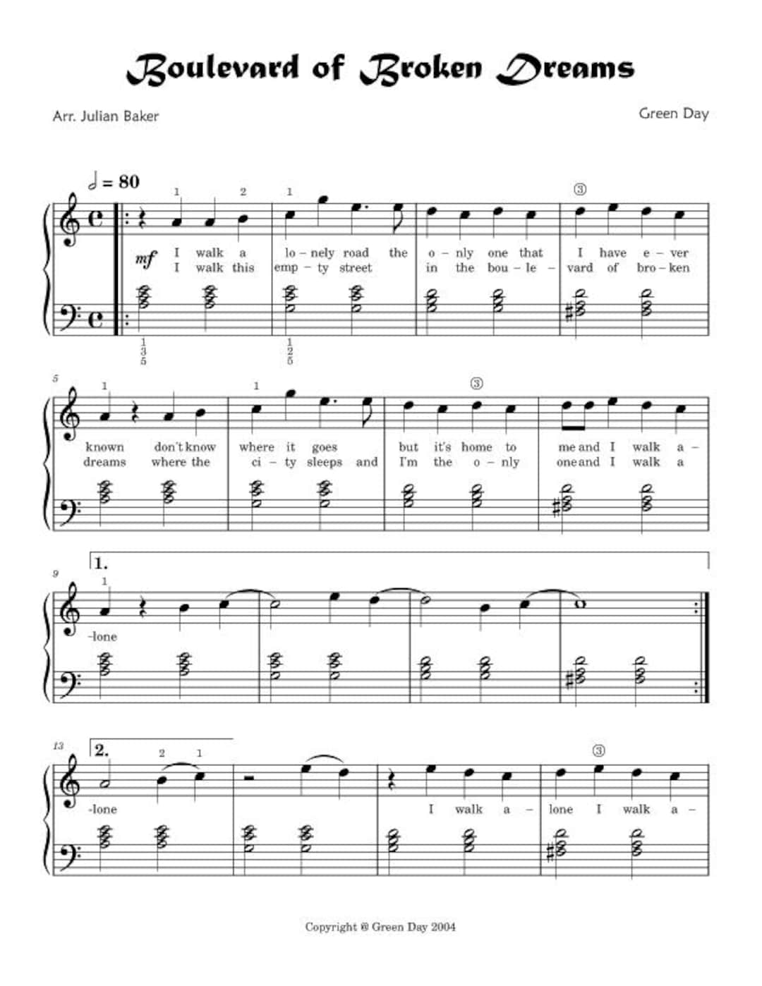 Boulevard of Broken Dreams - Intermediate Piano Level - Etsy