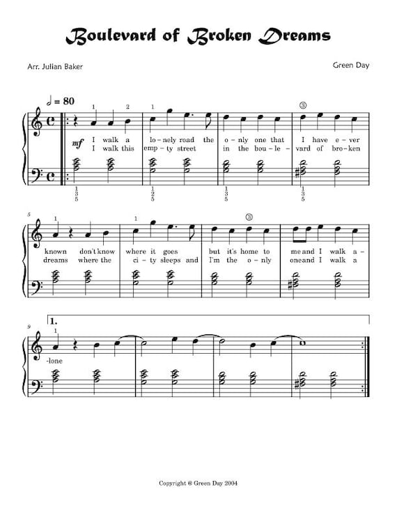 Boulevard of Broken Dreams for Beginner Piano - Etsy