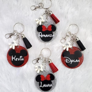 Personalized Mickey or Minnie Mouse Glitter Keychain: Disney Inspired Keyring, Bag Tag