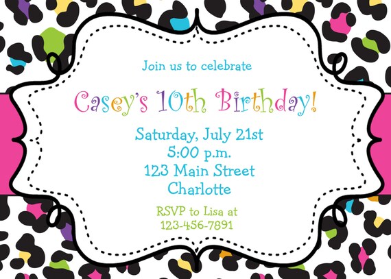 rainbow cheetah girls birthday party invitation printable etsy girl birthday party invitations printable
