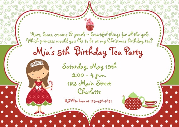 princess tea party christmas birthday party invitation etsy