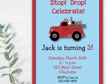 Fire truck birthday invitation -- firetruck firefighter birthday party -- custom invitation - You print or i print