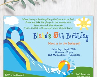 Waterslide party birthday invitation -- pool party - waterslide - pool party