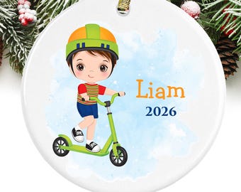 Boys Christmas Ornament Personalized Keepsake Ornament  Boy on Scooter GIFT BOX  Included