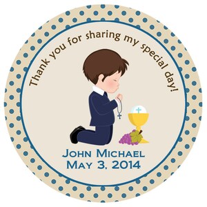 First Communion Sticker First Communion Favor Tag Holy Communion Sticker  CHOOSE suit and hair color