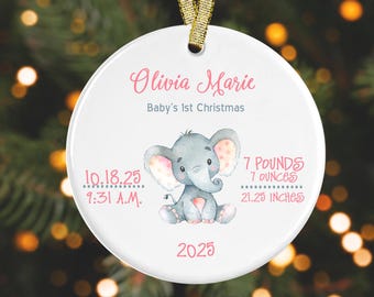 Elephant Christmas Ornament Personalized Baby&#39;s First Christmas Ornament Baby Stats Ornament GIFT BOX  Included