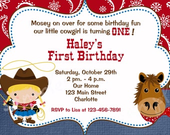 Cowgirl birthday party invitation  -  First birthday - cowgirl party -  horses