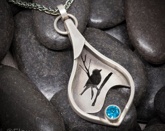 Silverwing pendant, sweet songbird with blue topaz gemstone (short bail version)