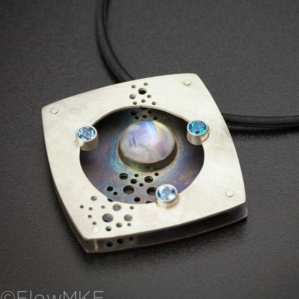 Rising Moon | layered pendant with blue topaz & rainbow moonstone