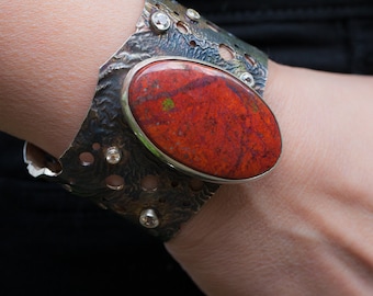Earthrise | heavily textured cuff bracelet with Sonoran Sunrise cabochon, fine silver & reticulation silver