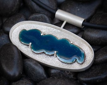 Enameled cloud pendant | deep teal blue in solid sterling silver with satiny finish