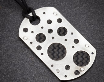 Sterling silver and carbon fiber | riveted dog tag pendant