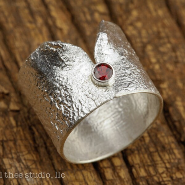 Textured Silver Ring with Garnet, "Revealed," U.S. Size 8.5