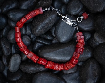 Coral organic shape bead bracelet | silver chain & clasp | adjustable