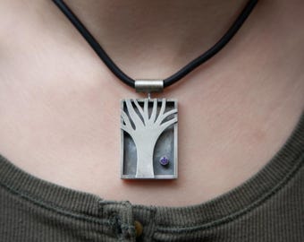 Tree pendant with faceted amethyst | hand-cut and fabricated shadowbox | sterling silver with dark patina