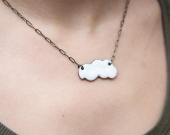 Enameled mini cloud pendant | reversible from blue to white | sterling silver chain