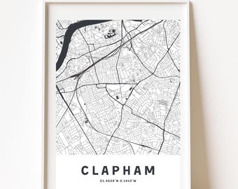 CLAPHAM, LONDON MAP, Printable Wall Art, Map Printable, City Map Print, London Art, London Poster, Map of London, Minimalist Map Print